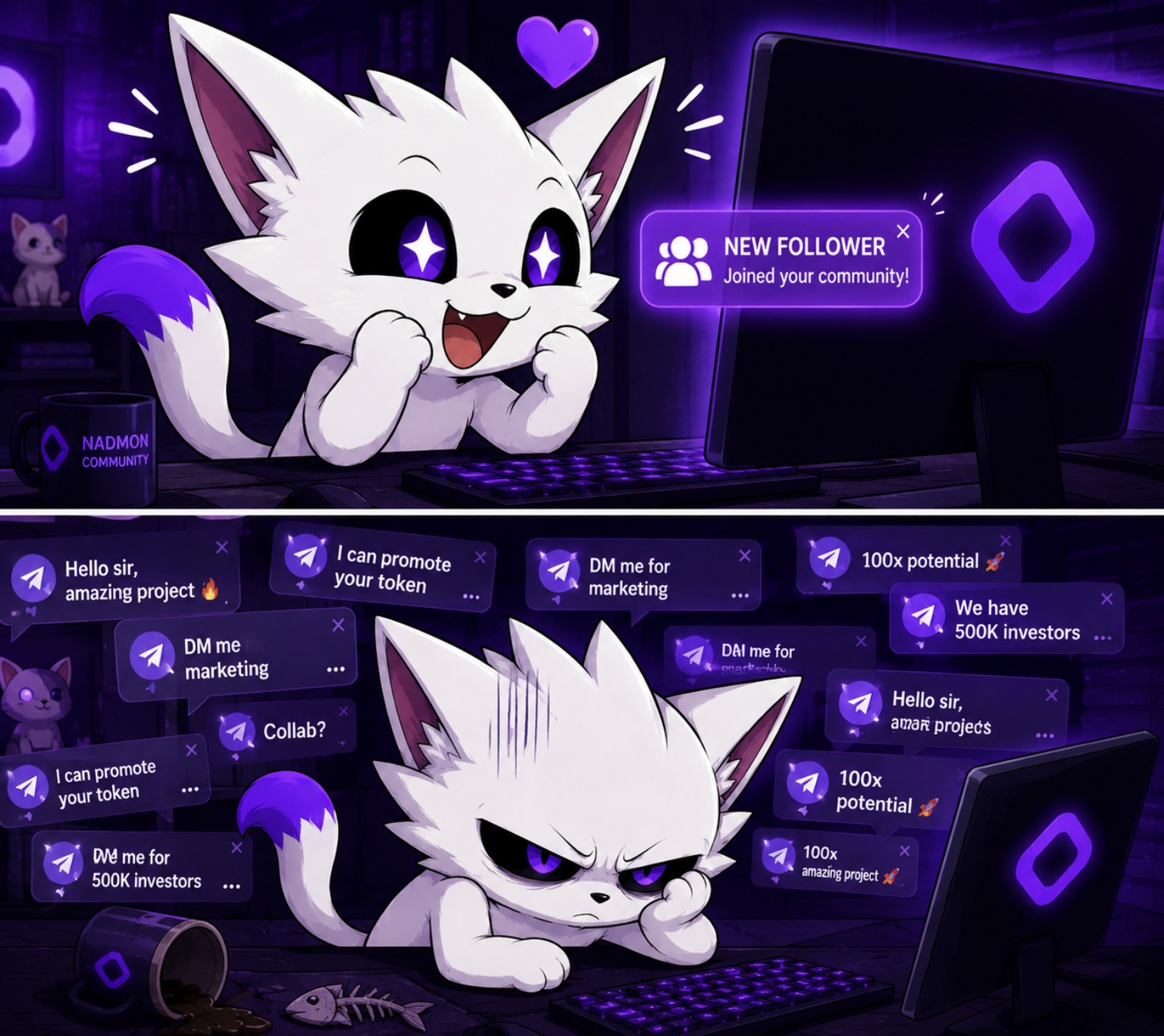 NADMON meme: new follower versus promoter messages